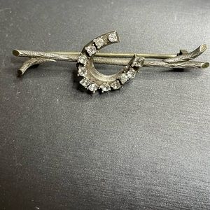 Silver Branch Lucky Horseshoe Antique Brooch White Rhinestones 800 Silver